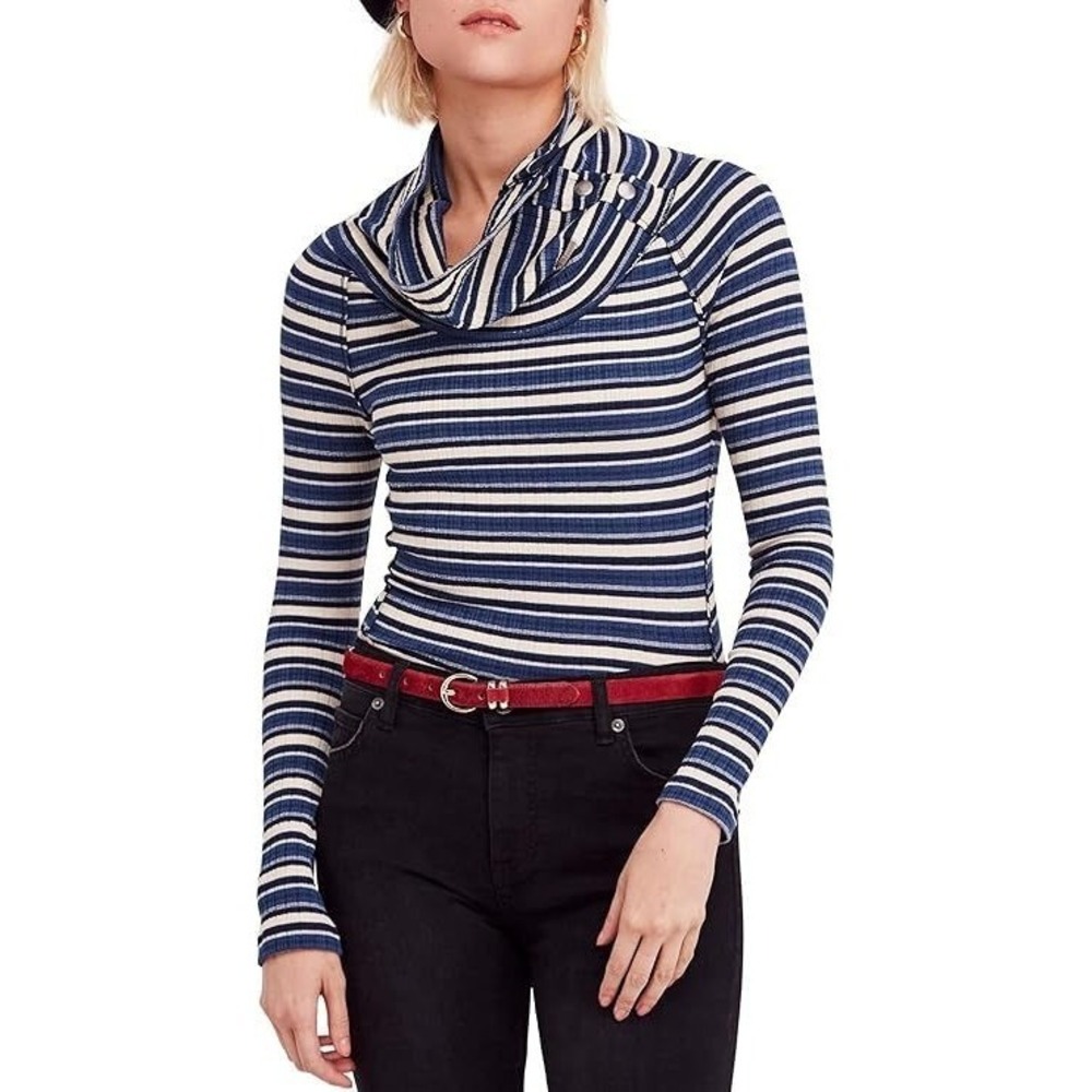 Free People Women's Cape Cod Striped Long Sleeve Knit Top - Blue - Large